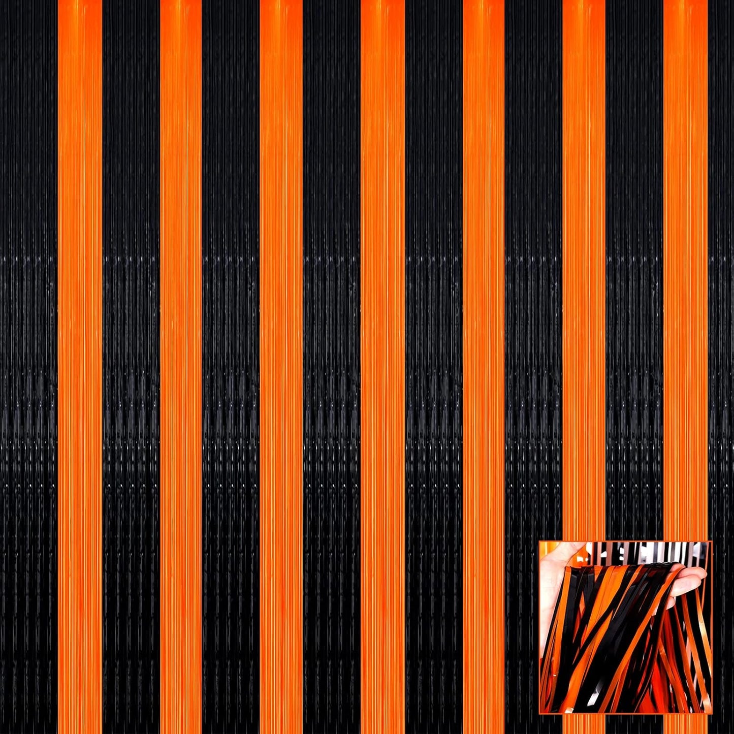 4 Pack Black Orange Foil Fringe Curtain Backdrop, 3.28Ft x 6.56Ft Metallic Tinsel Foil Fringe Streamers Curtains for Photo Booth, Wedding, Thanksgiving, Birthday, Christmas, Halloween Party Decoration