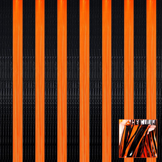 4 Pack Black Orange Foil Fringe Curtain Backdrop, 3.28Ft x 6.56Ft Metallic Tinsel Foil Fringe Streamers Curtains for Photo Booth, Wedding, Thanksgiving, Birthday, Christmas, Halloween Party Decoration