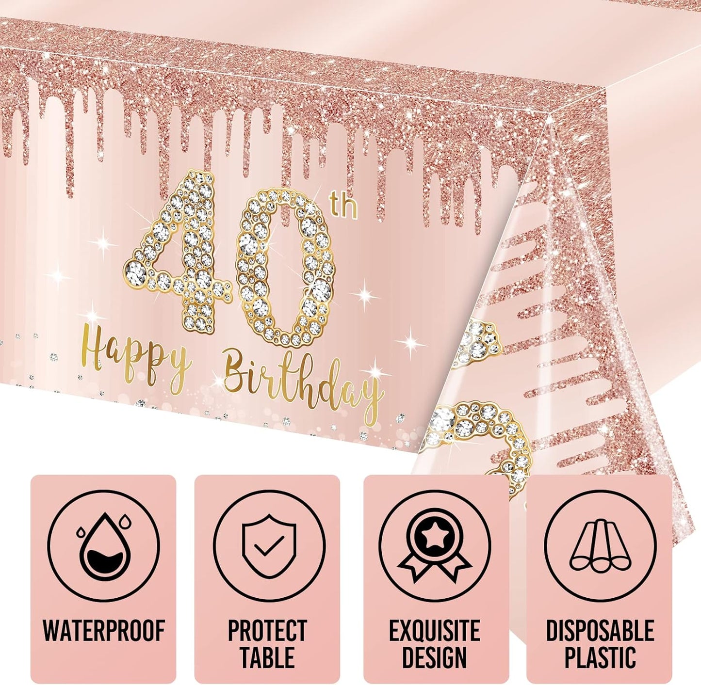 3 Pack Pink Rose Gold 40th Birthday Tablecloth Decorations - Plastic Disposable Rectangular Table Cover Party Supplies