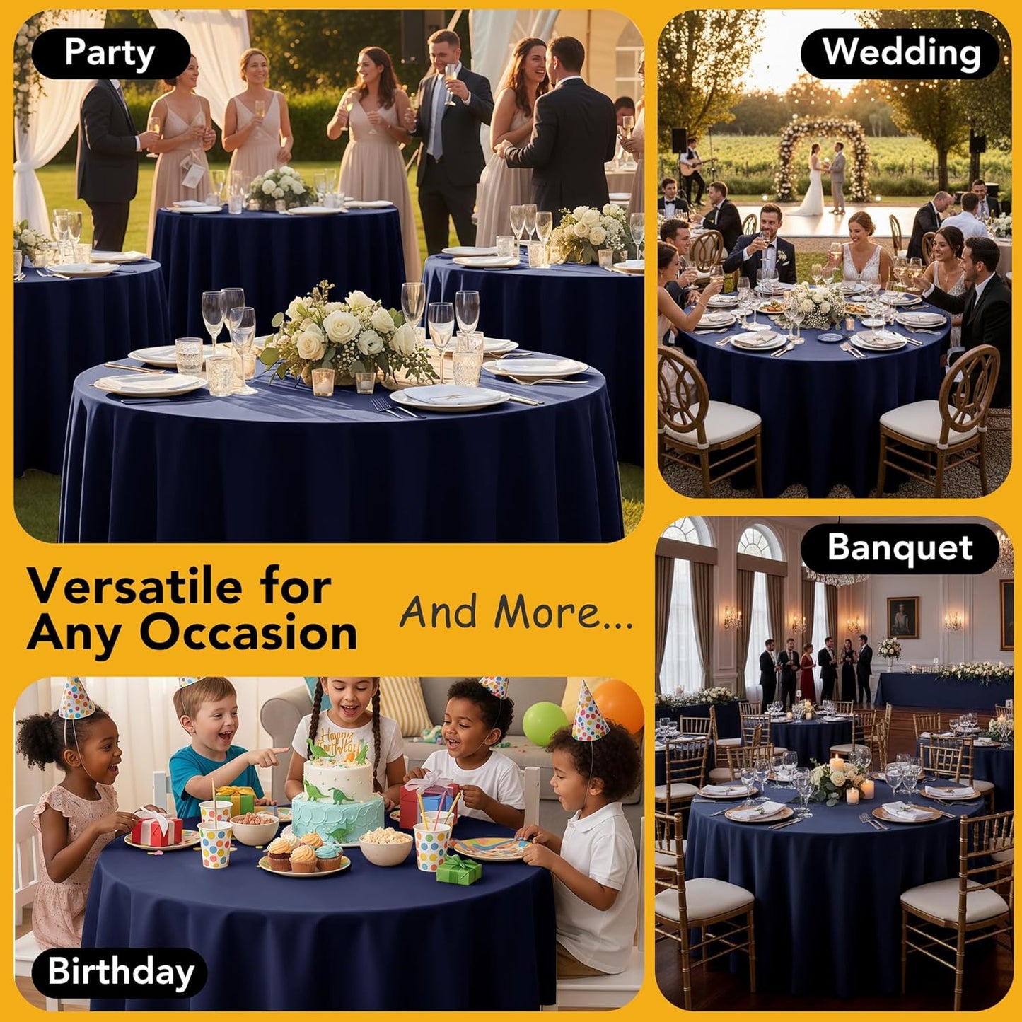 10-Pack Navy Blue Round Tablecloths, 108 Inches, Stain-Resistant Polyester for 4-5 Ft Round Tables - Washable Table Covers for Weddings, Banquets, Birthday Parties, Events