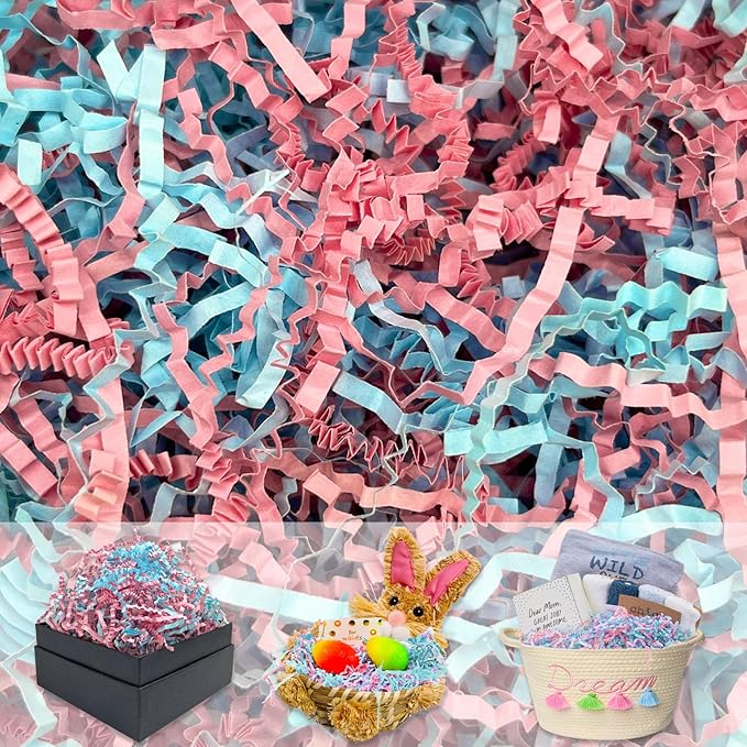 Pink Blue Crinkle Cut Paper Shred Filler, 2 LB Basket Filler Shredded Paper, Confetti Stuffing for Basket Filling, Mother's Day, Birthdays, Weddings, DIY Gift Wrapping, Stuffer Party Supplies