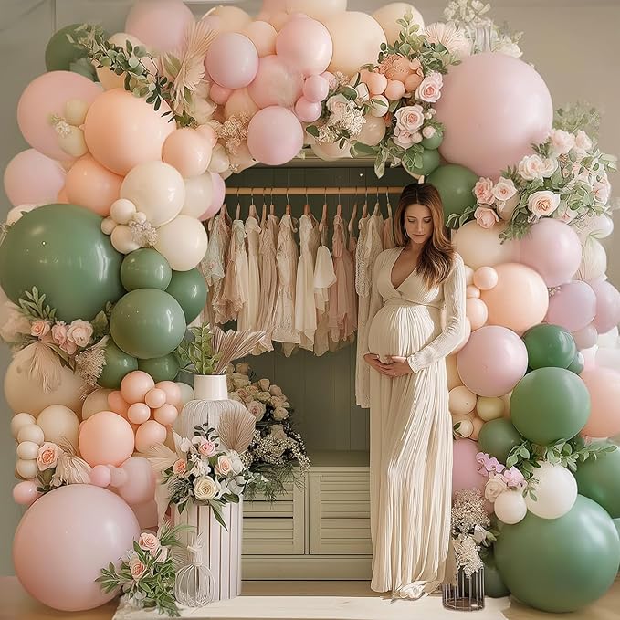 Pink and Green Balloon Arch Kit, Pink White and Green Balloon Arch Kit with Mixed Size Sage Green Pastel Pink Sand White Light Orange Balloons for Wedding Birthday Party Bridal Shower Decorations