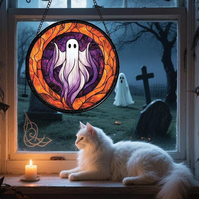 Stained Glass Window Hanging - Halloween Decorations White Purple Ghost Suncatcher for Doors Garden Indoor Spooky Funny Sun Catchers Gothic Decor Horror Gifts for Women Men Friend 11.8 in