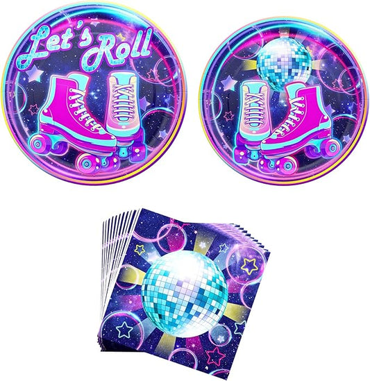 Blue Orchards Roller Skating Party Plates and Napkins (52 pieces for 20 Guests) - Roller Skating Party, 90s Party Supplies, Roller Skate Plates And Napkins, Skate Party Decorations For Girl