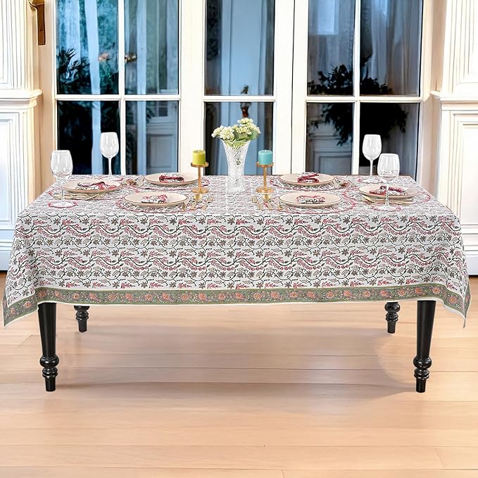 Ridhi Hand Block Print Coral Pink Rectangle Cotton Tablecloth 190" x 72" Reusable Table Cover Decorative Everyday Use for Dining, Farmhouse, Home Gift for Spring, Easter, Valentine