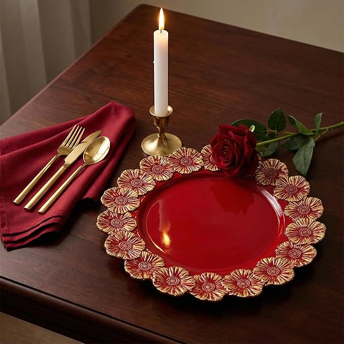 Red Charger Plates with Flower Rim, 13" Round Charger for Dinner Plates, Set of 6 Plastic Plate Chargers for Halloween, Thanksgivng, Christmas.