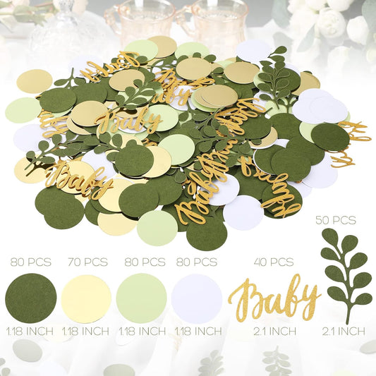 400 Pcs Greenery Baby Shower Confetti Scatter Decorations Green Brown White Table Confetti Dots with Eucalyptus and Gold Scatter for Baby Shower Gender Reveal Decor