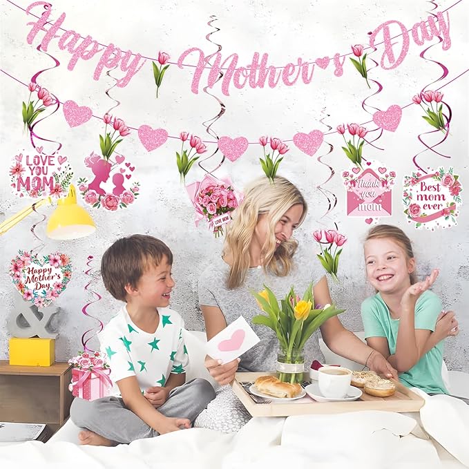 Happy Mother's Day Banner Set Decoration for Mother's Day Party Decorations Backdrop Garland for Mom Mother's Day Glitter Garland Photo Props (flower)