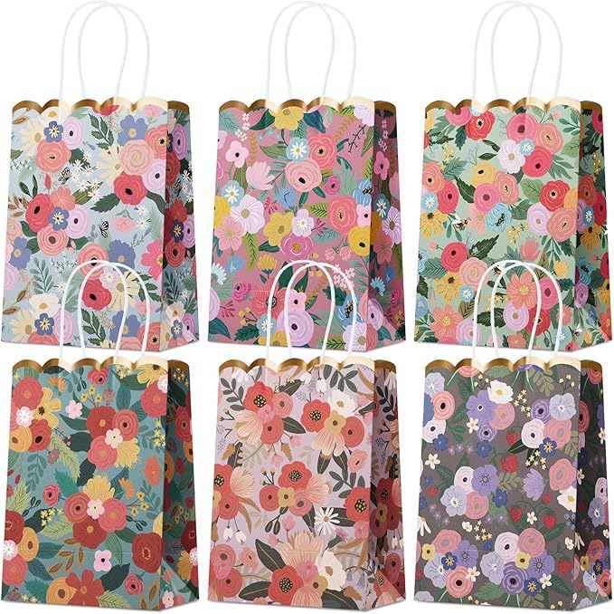 Small Gift Bags with Handles, 12-Pack Paper Party Favor Goodie Bags, 5.82 x 3.15 x 8.18 Inches, 6 Designs in Wildflower Whimsy, Ideal for Birthdays, Baby Showers, and Christmas Parties