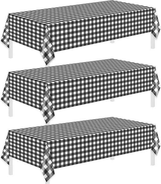 Childom 3 Pack Black and White Checkered Tablecloths 54"x108" Disposable Plastic Table Cloths Buffalo Plaid Tablecloths for Home,Halloween,Picnic Table Covers for Pizza Party,Race Car Birthday Decors