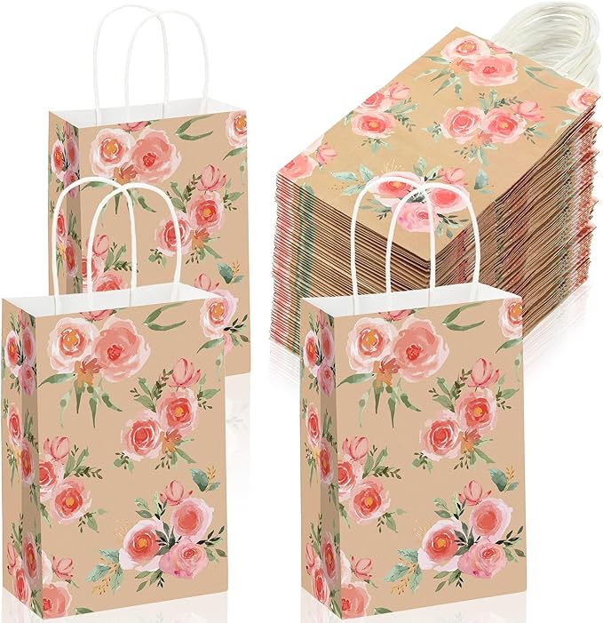 Karenhi 16 Pcs Small Floral Gift Bags with Handles Vintage Floral Paper Treat Bags Reusable Kraft Paper Tea Party Gift for Mothers Day Party Favors 8.7 x 5.9 x 3.2 In