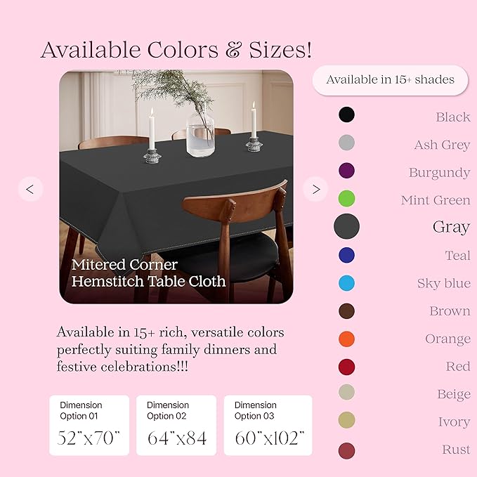 Dark Grey Tablecloth, Rectangle Table Cover 60x102 Inch, 100% Cotton, Fits 8-10 Seats, Durable, Washable, Wrinkle Resistant, Dining Table Cloth for Modern Decor, Events, Dining