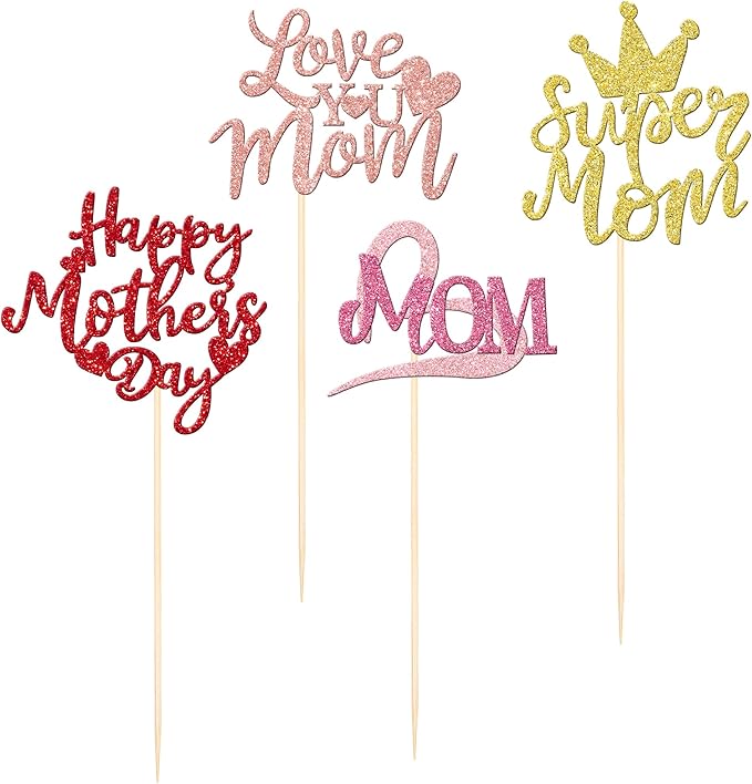 12 PCS Happy Mother's Day Centerpiece Sticks Double Sided Glitter Love Super Mom Best Mom Centerpieces for Happy Mother's Day Theme Table Flower Decorations Women Birthday Party Supplies Colorful