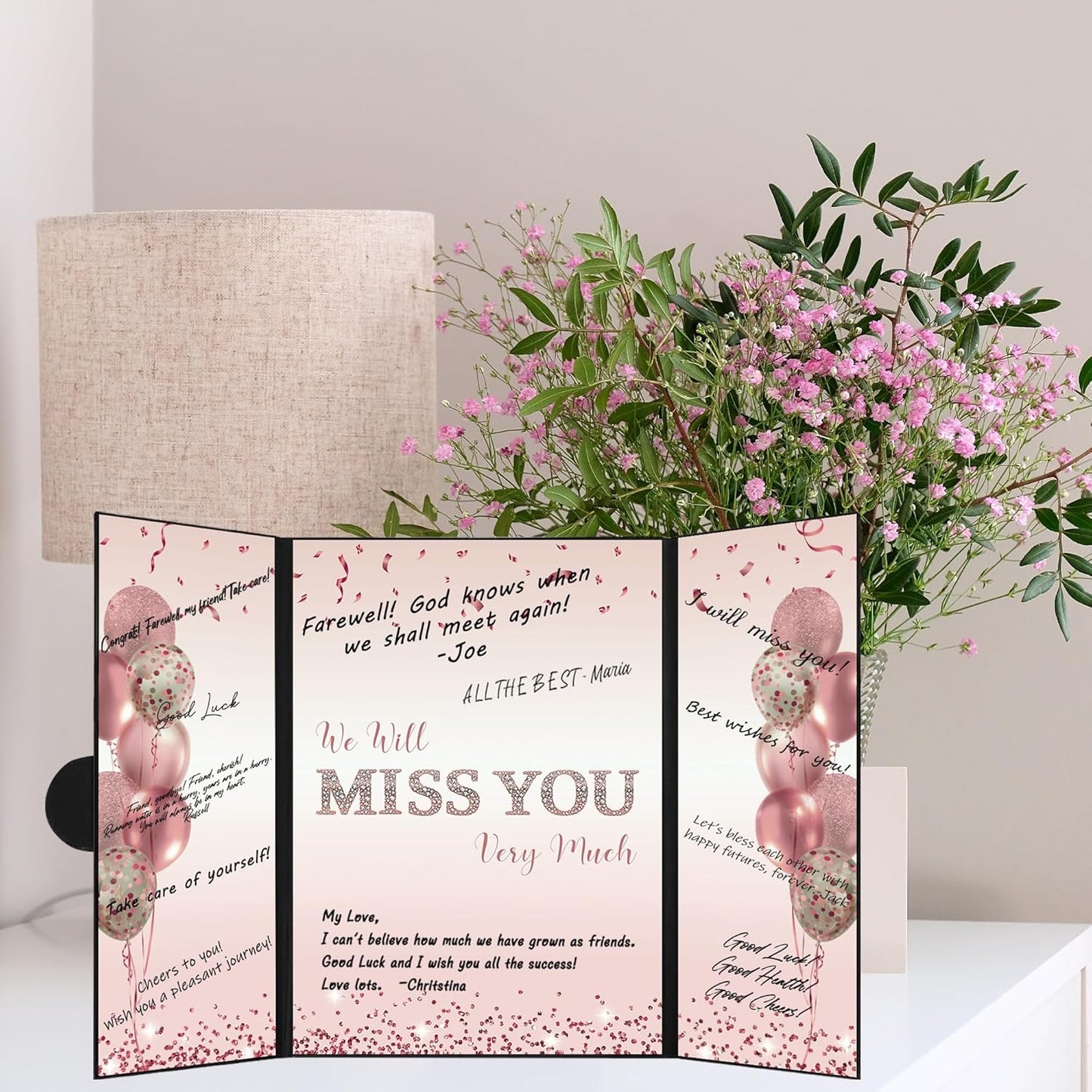 DARUNAXY Rose Gold Farewell Party Decorations for Women, We Will Miss You Very Much Alternative Signature Guest Book Girls Going Away Gifts Signing Card Board for Retirement Graduation Party Supplies