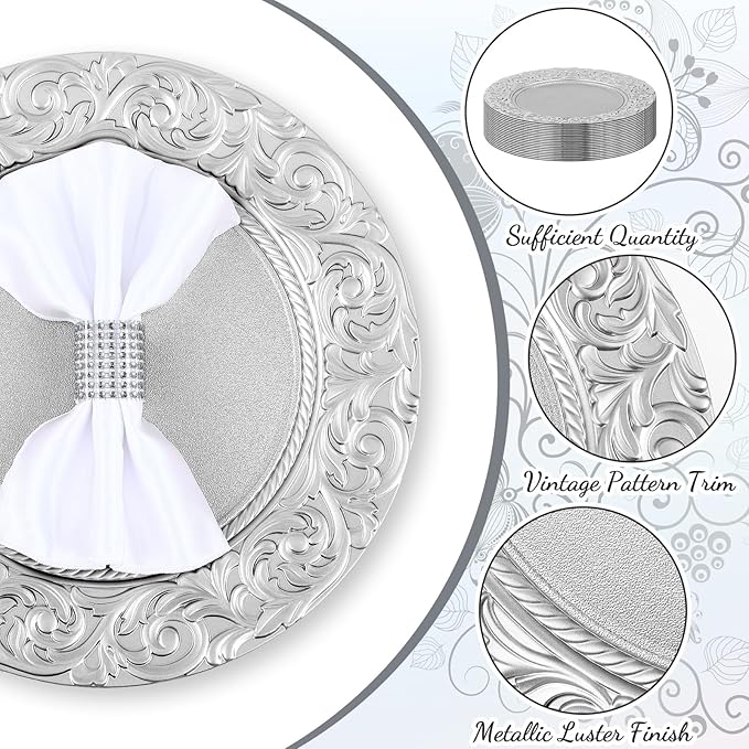 Uiifan 24 Pcs Antique Charger Plates Bulk 13'' Plastic Plate Chargers Decorative Embossed Rim Round Plates for Wedding Party Event Dinner Kitchen Table Setting Decoration (Silver)