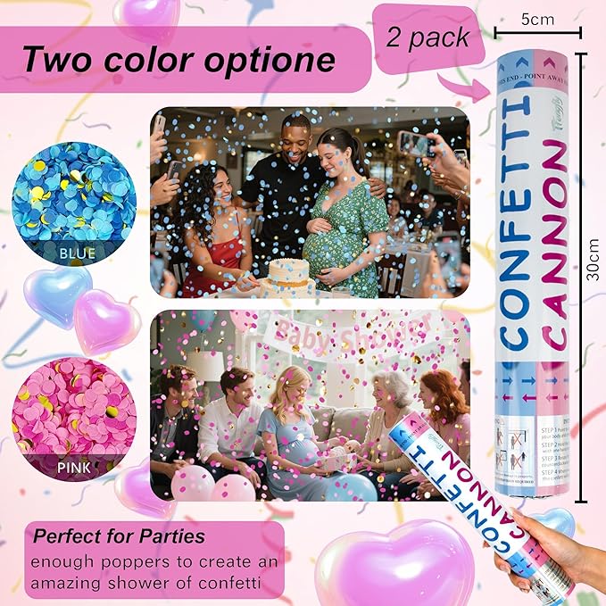 2 Pack Gender Reveal Confetti Cannon, 12 in Pink Round shaped Paper Party Poppers Cannons, Confetti Poppers For Baby Girl Gender Reveal Baby Showers (Round, Pink)