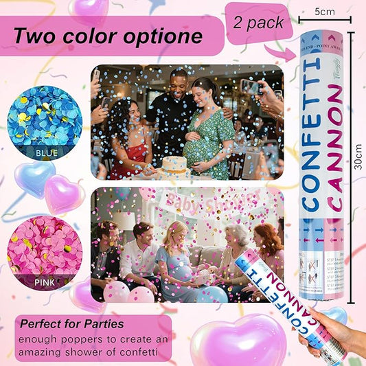 2 Pack Gender Reveal Confetti Cannon, 12 in Pink Round shaped Paper Party Poppers Cannons, Confetti Poppers For Baby Girl Gender Reveal Baby Showers (Round, Pink)