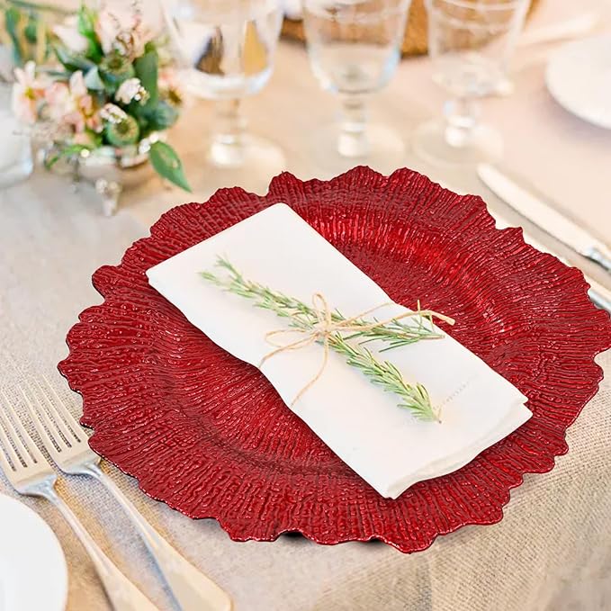 Teruntrue 24 Pcs Red Charger Plates Bulk 13 Inch Plastic Charger Plates for Dinner Plate, Red Chargers for Table Setting, Reef Design Plate Floral Decorative Round Chargers for Wedding Party, Event