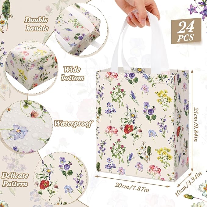 Supervitae 24 Pack Vintage Floral Theme Gift Bags Medium Wildflower Party Favor Flower Totes Reusable Non Woven Goodie Bags for Wedding Birthday Baby Shower Family Holiday Travel(9.8 x 7.9 x 3.9)