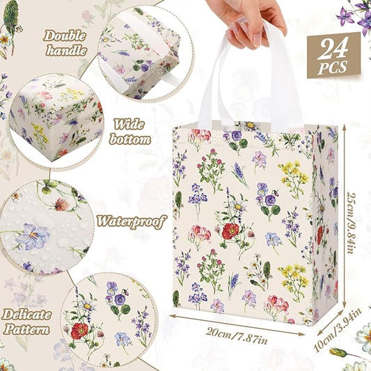 Supervitae 24 Pack Vintage Floral Theme Gift Bags Medium Wildflower Party Favor Flower Totes Reusable Non Woven Goodie Bags for Wedding Birthday Baby Shower Family Holiday Travel(9.8 x 7.9 x 3.9)