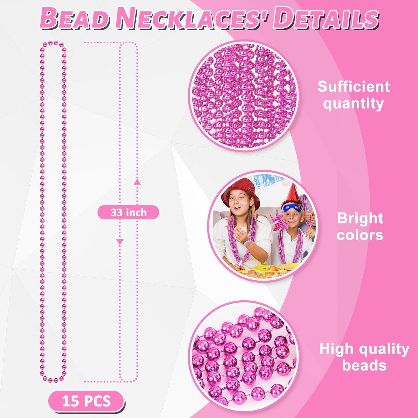 Pink Beaded Necklace, 15PCS Breast Cancer Awareness Accessories, 33" Mardi Gras Beads Necklace Bulk, Festival Parade Throw for Breast Cancer Awareness Wedding Gender Reveal Party Events Supplies