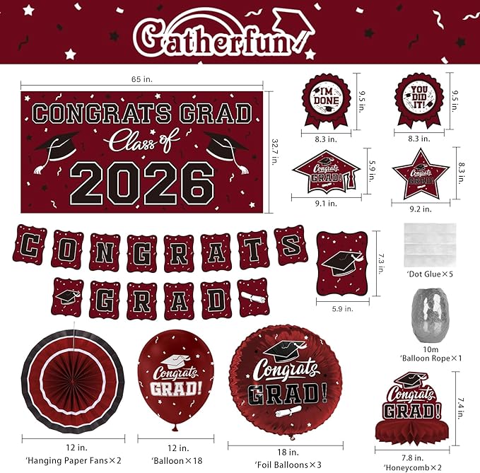 Maroon Themed 2026 Graduation Decorations Set - Congrats Grad Banner, Class of 2026 Backdrop, Balloons & Streamers Kit - Complete Party Supplies for High School & College Celebrations