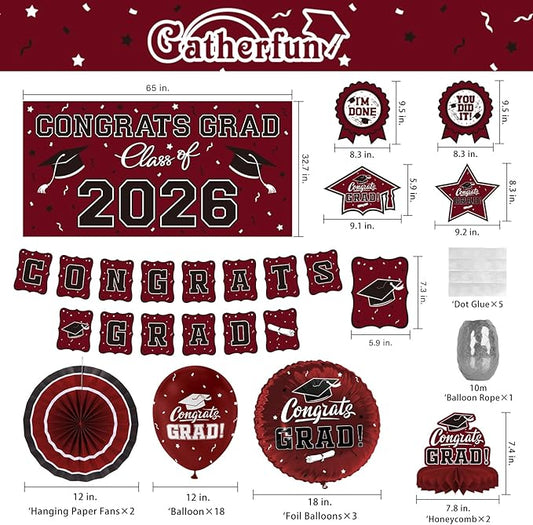 Maroon Themed 2026 Graduation Decorations Set - Congrats Grad Banner, Class of 2026 Backdrop, Balloons & Streamers Kit - Complete Party Supplies for High School & College Celebrations