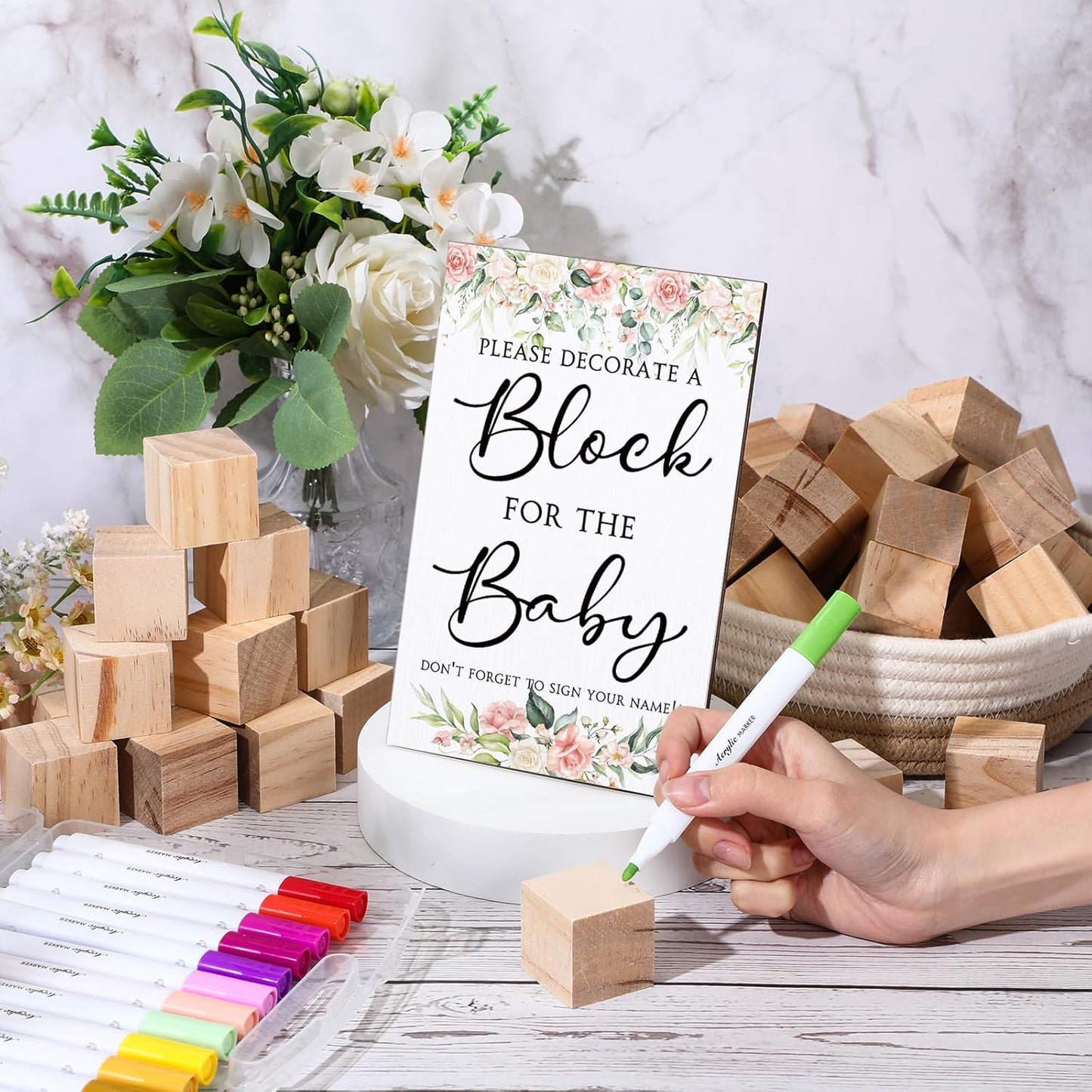 Tatuo 75 Pcs Baby Shower Games Sign Kit Including Decorate a Block Game Sign 50 DIY Wooden Block 24 Acrylic Paint Marker Baby Shower Prize for Gender Reveal Party(Floral)