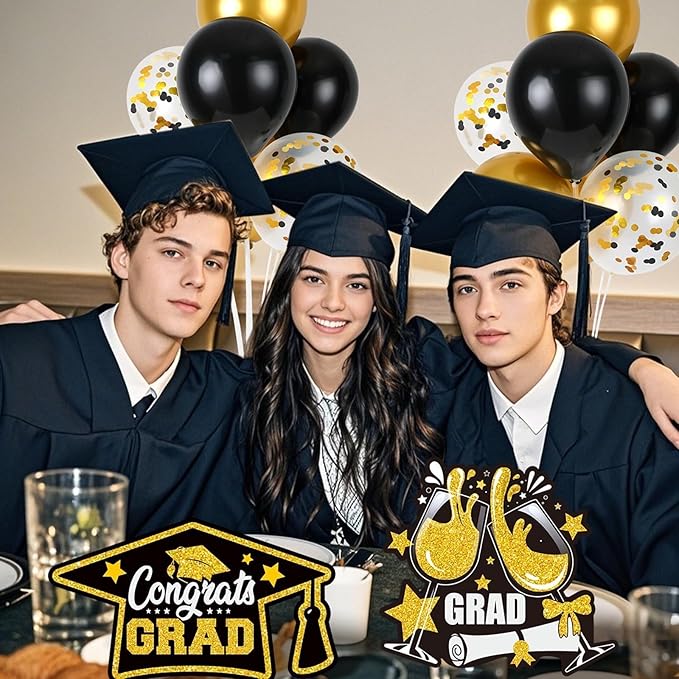 6 Sets Black Gold Graduation Balloon Stand Kit for Table Decorations Class of 2025 Congrats Grad Table Centerpiece Grad Prom Themed Decoration for Grad School & College Ceremonies Party Supplies