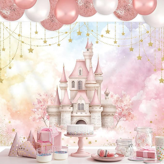 Homewelle Pink Fairy Castle Backdrop 7Wx5H Feet Polyester Fabric Pretty Starry Star Fantasy Ombre Clouds Flower Decoration Dreamlike Wonderland Aesthetic Photography Background Photo Shoot Props