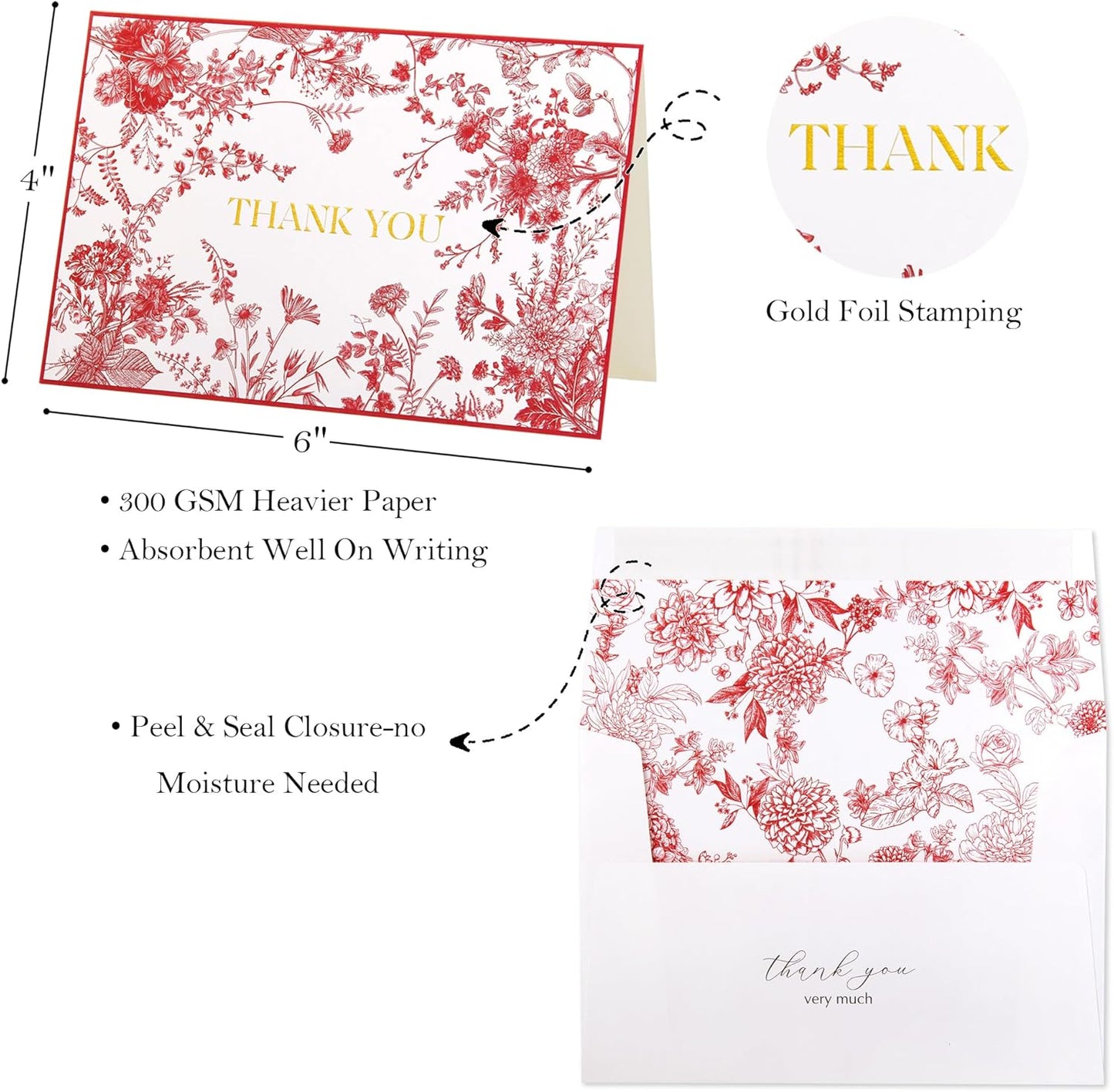 Crisky Red Floral Thank You Cards Gold Foil Greeting Notes Bulk with Envelopes (50 Pack) for Birthday, Baby Shower, Bridal Shower, Wedding, Graduation