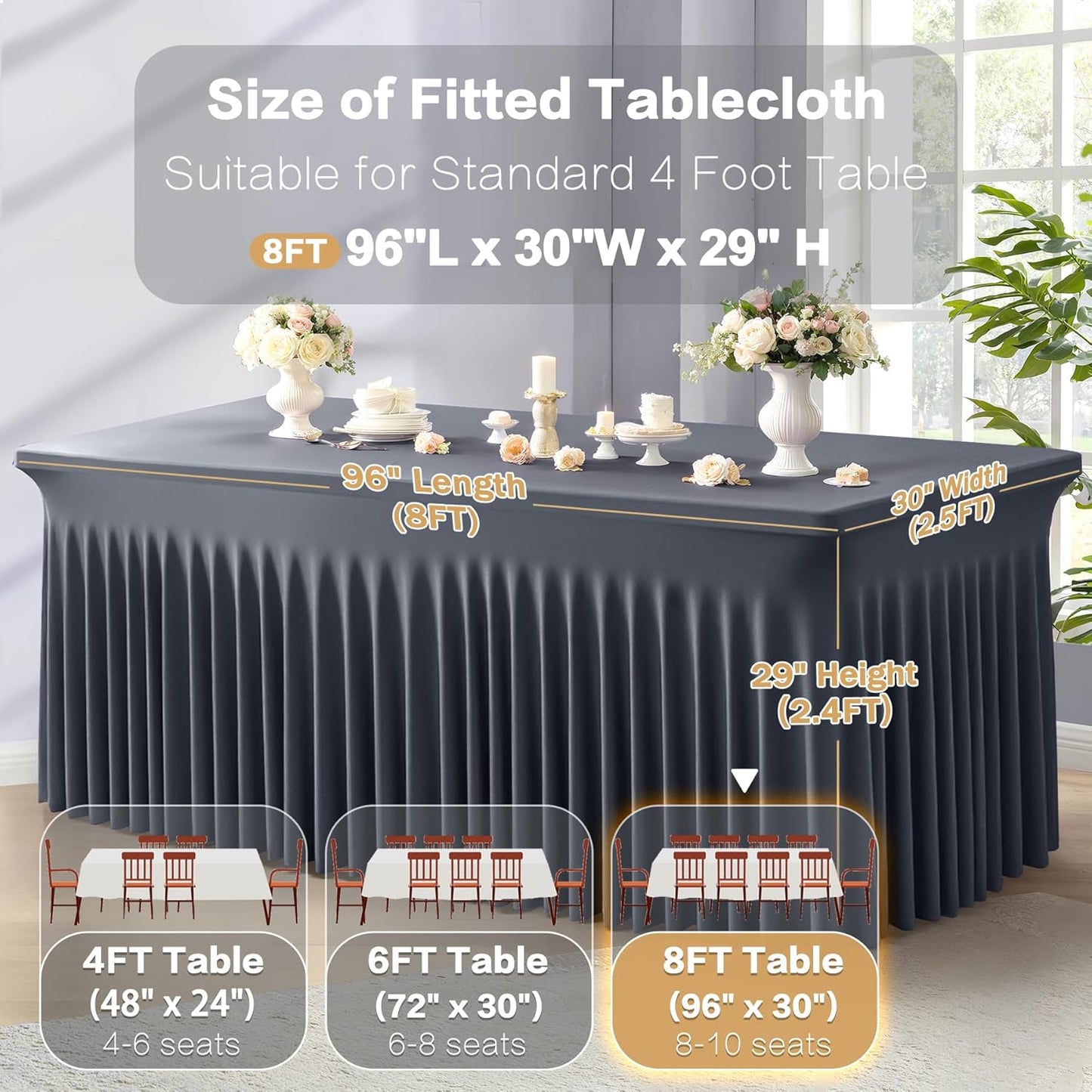 2 Packs Grey Spandex Tableclothes for 8 Foot Rectangle Table, Spandex Table Covers 8FT Stretch Table Skirts Rectangle Wrinkle Free Fitted Tablecover for Event, Wedding, Banquet & Parties