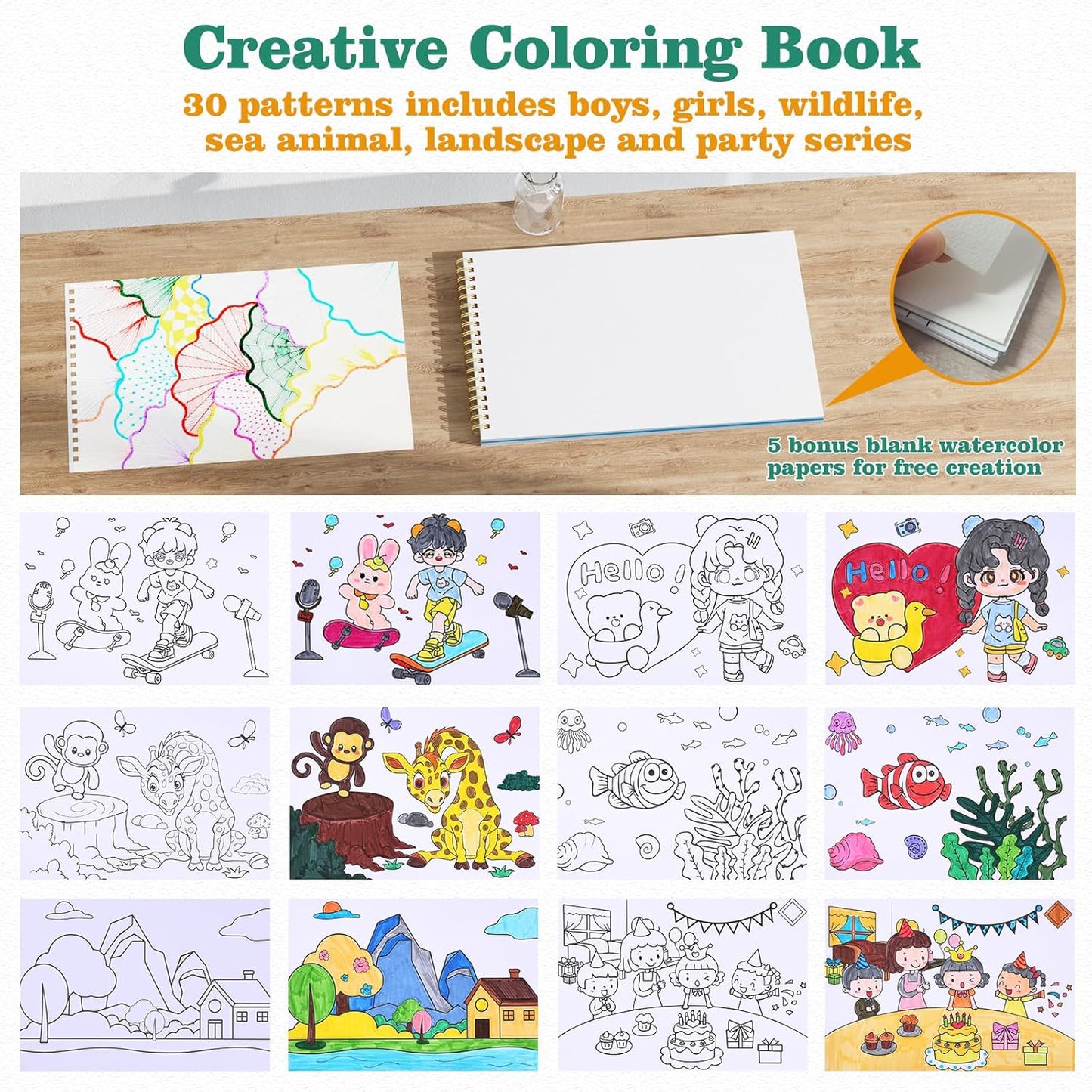 Easy Creative Coloring Book Set for Kids & Adults with 30 Patterns, 36 Color Markers, 10 Hangable Coloring Cards & 5 Premium Blank Watercolor Papers - Arts and Crafts Gift for Relaxation