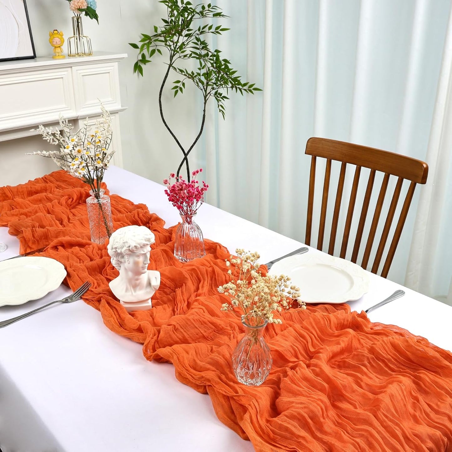 12 Pack 10FT Fall Table Runner Orange Cheesecloth Table Runner 35x120 Inch Gauze Rustic Boho Cheese Cloth for Thanksgiving Wedding Decor Birthday Party Holiday Baby Shower Centerpiece Decoration
