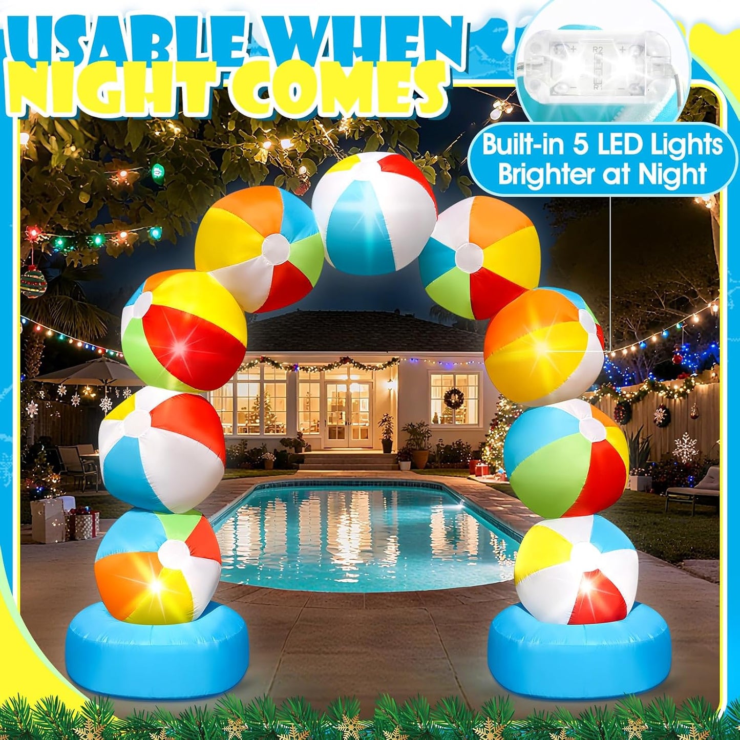 8FT Christmas Inflatable Beach Ball Arch Blow Up Arch Built-in 5 LED Lights for Winter Inflatables Outdoor Decorations Birthday Party Favors Xmas Party Supplies for Pool Beach Yard Lawn Garden Decor