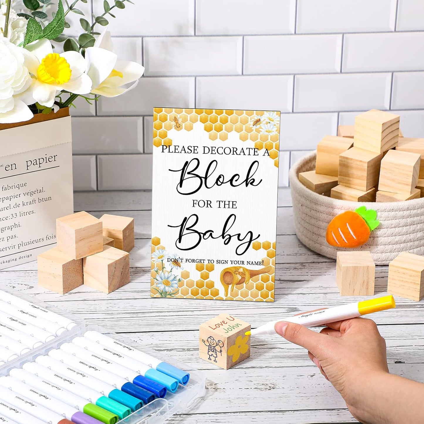 Tatuo 75 Pcs Baby Shower Games Sign Kit Including Decorate a Block Game Sign 50 DIY Wooden Block 24 Acrylic Paint Marker Baby Shower Prize for Gender Reveal Party(Bee)