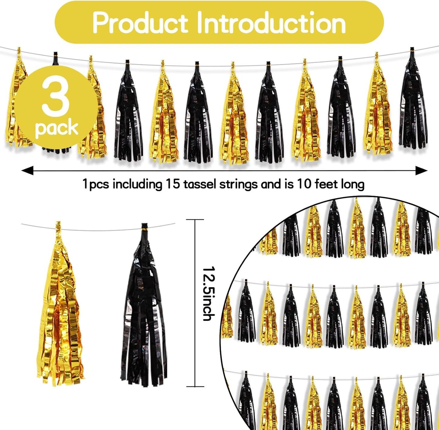 BEISHIDA 3 Packs Black Gold Metallic Foil Fringe Tassel Garland, Tassels Banner Streamers for Car Floats Bridal/Baby Shower Birthday Wedding Halloween Christmas Holiday Party Decoration