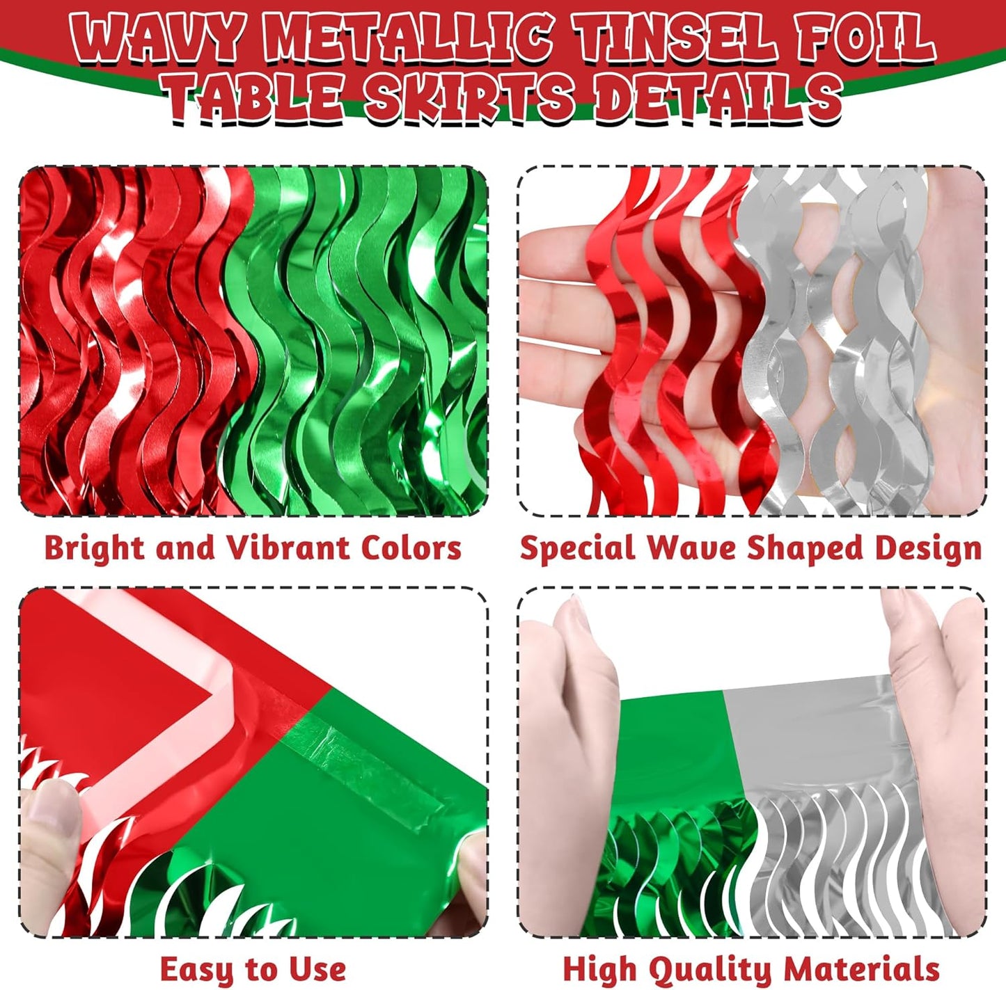 Christmas Table Skirt, 2 Pack Red Silver Green Desk Skirts Party Decorations, Metallic Xmas Wavy Tinsel Foil Fringe Table Skirts, Foil Table Skirt for Indoor Christmas Party Backdrop