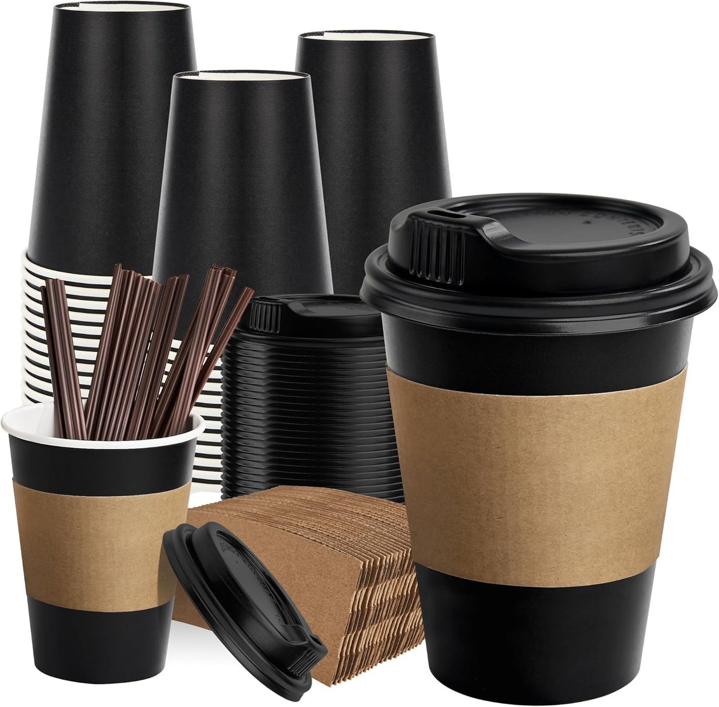 50 Pack 12 oz Coffee Cups with Lids, Black Disposable Coffee Cups with Lids, Sleeves and Stirring Sticks, Hot Paper Coffee Cup 14 oz for Hot Drinks, Parties, Picnic, Travel, and Events