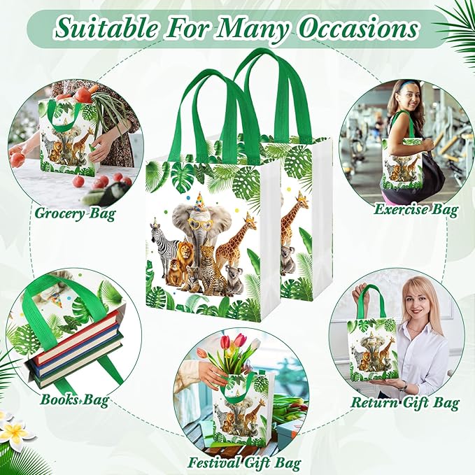 Supervitae 24 Pack Wild Animals Theme Gift Bags Medium Goodie Jungle Party Favor Bags Safari Reusable Totes Non Woven Totes for Wedding Birthday Baby Shower Family Holiday Travel(9.8" x 7.9" x 3.9")