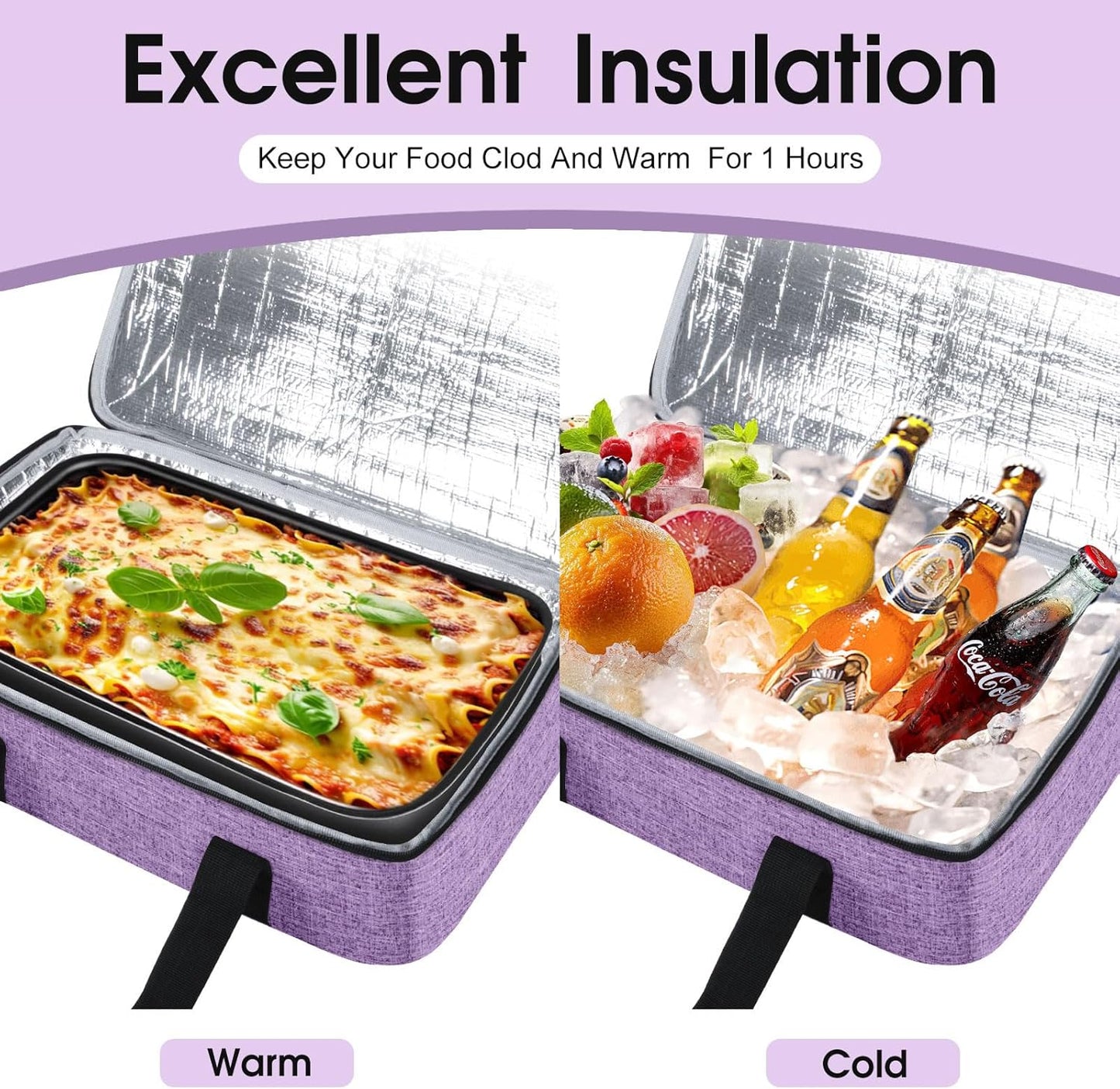 Insulated Casserole Carrier, Portable Casserole Carrier for Hot or Cold Food Lunch Tote Warmer or Cooler Bag, Lasagna Lunch Bag for Potluck Parties- Fits 9" x 13" Baking Dish-Purple