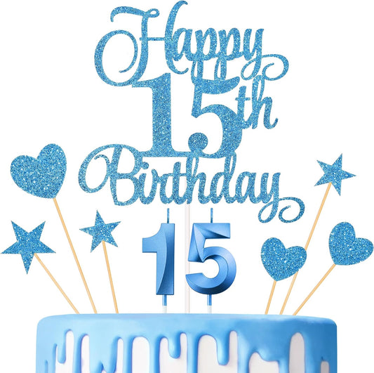 15th Birthday Cake Decorations, 15th Birthday Candles Cake Numeral Candles and Glitter Happy 15th Birthday Cake Toppers Set for Birthday Party Supplies (Blue)
