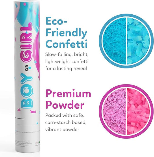 Gender Reveal Confetti & Powder Smoke Cannon | 3 Pink & 3 Blue Poppers | Biodegradable | Alternative to Gender Reveal Smoke Bombs Extinguisher Spray, Baby Gender Reveal Decorations, TUR Party Supplies