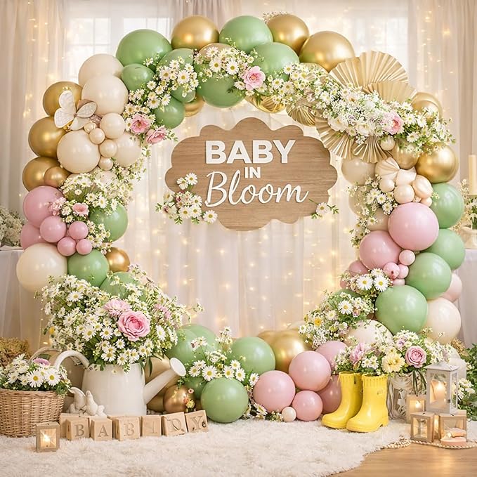 160pcs Baby in Bloom Balloon Arch Kit, Sage Green and Pink White Sand Metallic Gold Balloons for Baby in Bloom Spring Baby Shower Mother's Day Boho Birthday Party Decoration