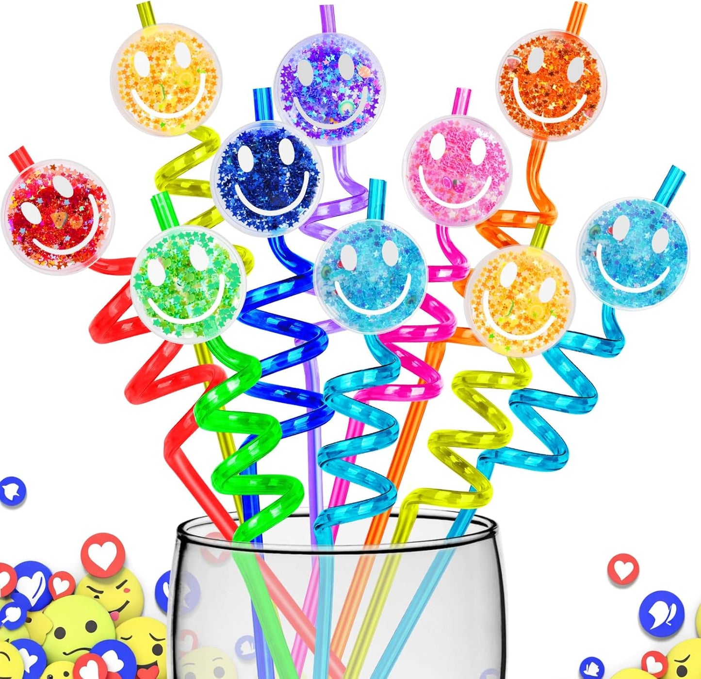 24Pcs Reusable Glitter Smile Straws,Glitter Smile Themed Party Supplies,Happy Pastel Party Decorations, Pink Girl Party With 2Pcs Cleaning Brushs