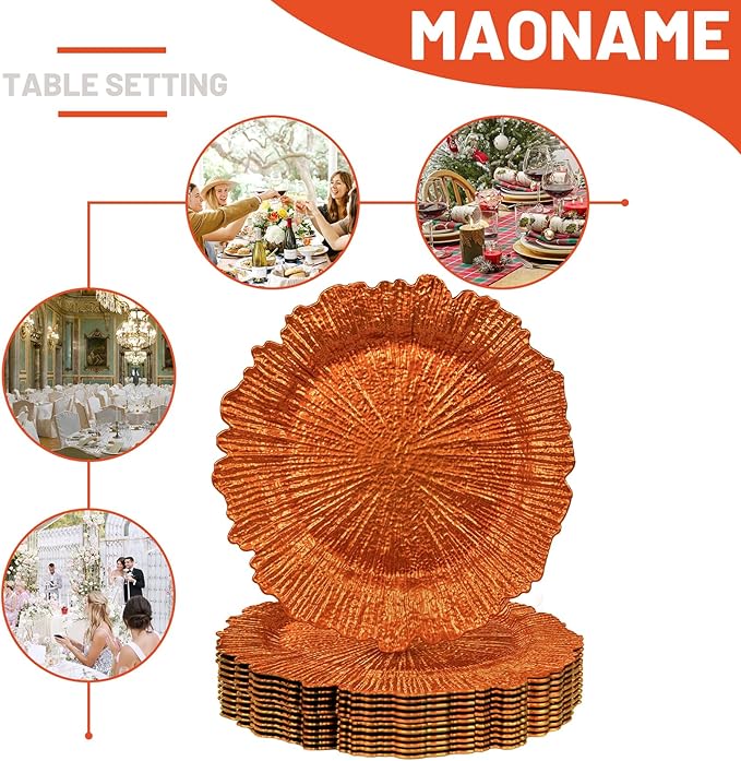 MAONAME Orange Charger Plates Set of 12, Reef Plate Chargers for Dinner Plate, Plastic Decorative Plates for Table Setting, Thanksgiving, Christmas