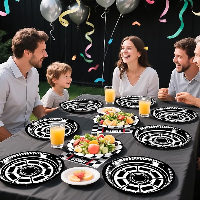 Grencian 200Pcs Race Car Birthday Party Decorations Race Car Plates and Napkins Disposable Black White Checkered Paper Tableware Set for Children Men Racing Themed Birthday Party Supplies Serve 24