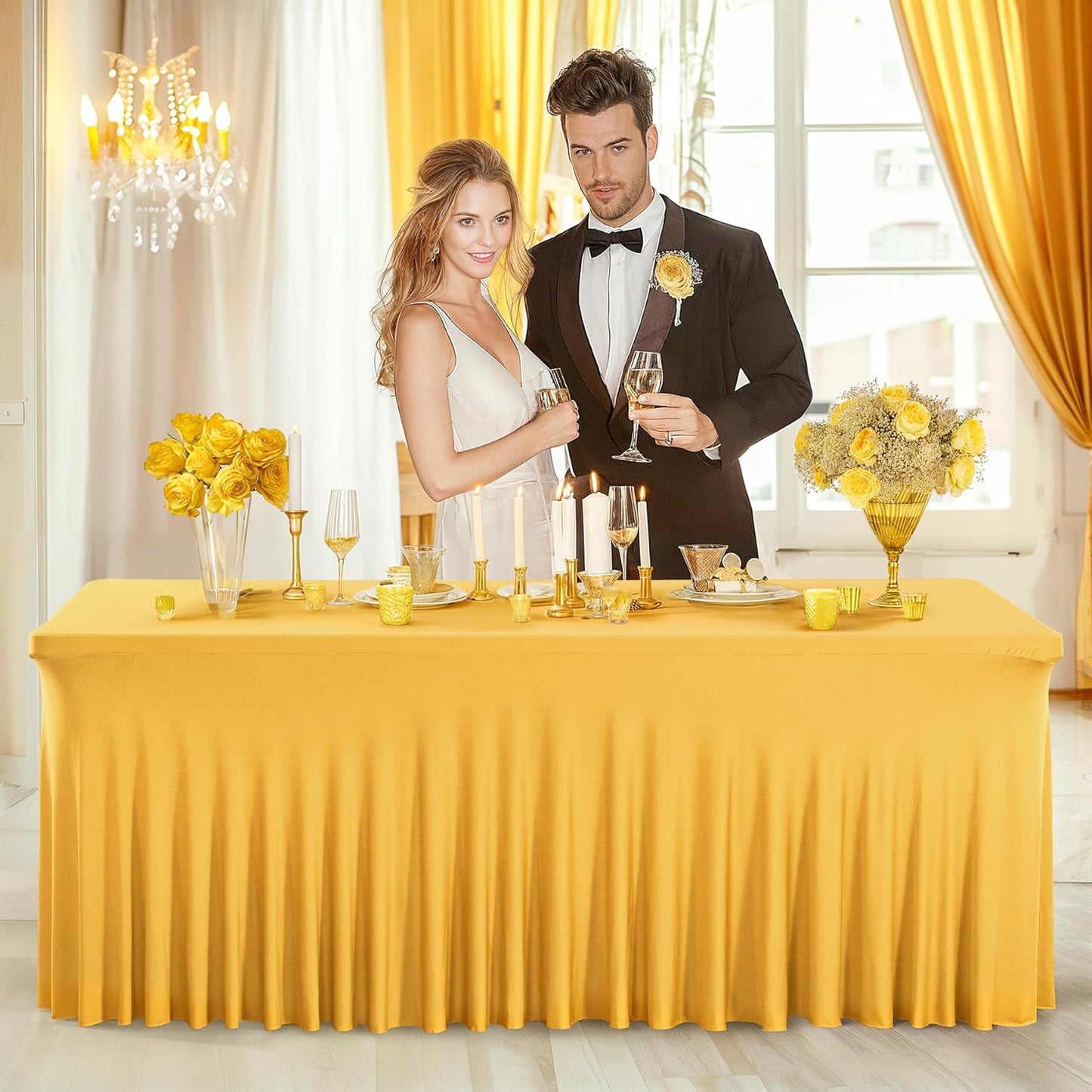 PARTISKY Golden Spandex Tablecloth for 4ft Rectangle Tables, Stretchable Table Cover Skirt for Folding Tables Weddings Parties Banquets Events Trade Shows and Dessert Table