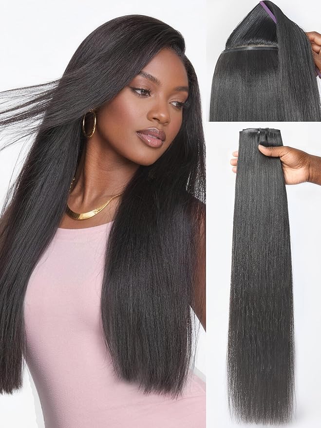 LUVME Yaki Straight Seamless 150g 7Pcs Clip in Hair Extensions, Full Volume with 26 Inch Natural Black, 100% Real Soft Remy Human Hair, Adds Fuller Hair for Daily Wear & Special Occasions