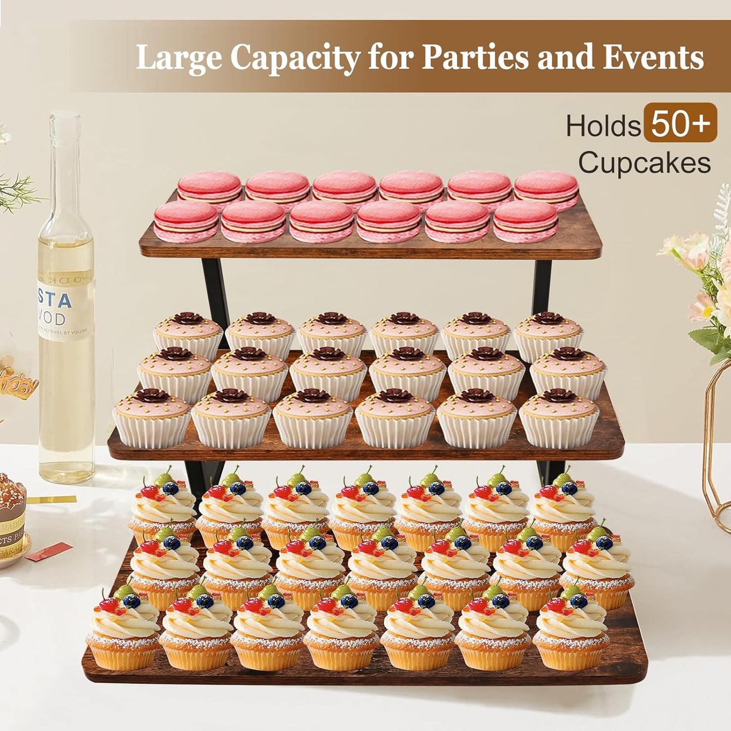 3 Tier Cupcake Stand for 50 Cupcakes,Wood Metal Riser Dessert Table Display Stand,Rustic Stepped Cupcake Ladder Tiered Tray Stand for Party Farmhouse Wedding Birthday Graduation